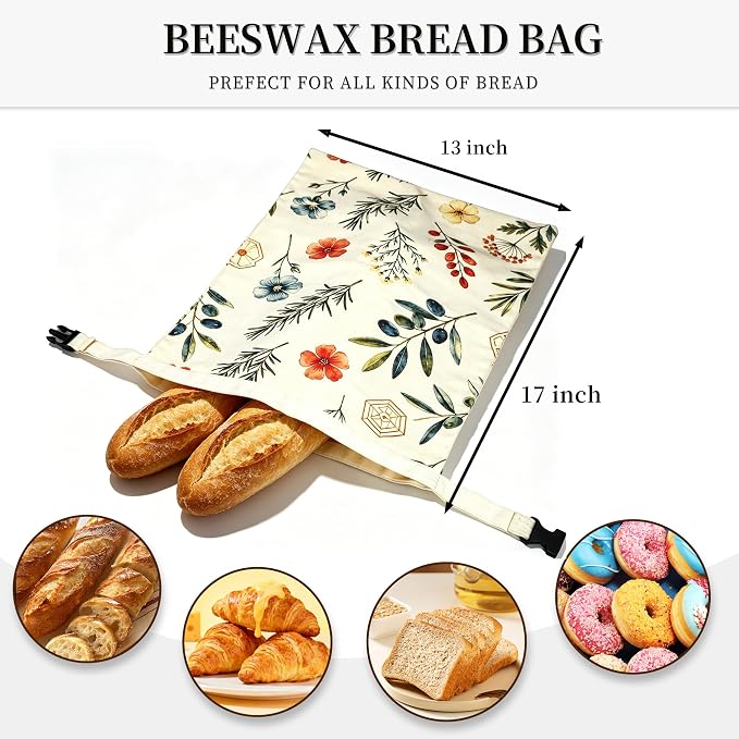 Beeswax Bread Bags for Sourdough & Homemade – Reusable | Natural linen bread storage, 17x13 in. Roll & buckle closure. Freezer safe. 2-pack.