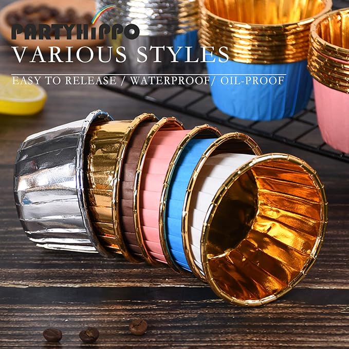 Party Hippo Cupcake Cups, 3.5 Oz 50 pcs Disposable Foil Muffin Liners, Gold Baking Cups, Ramekin Aluminum Cupcake Tip Pan Ramekin Holders, Little Baking Cups (50, Sliver)