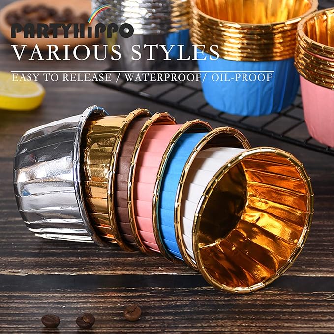 Party Hippo Cupcake Cups, 3.5 Oz 100 pcs Disposable Foil Muffin Liners, Gold Baking Cups, Ramekin Aluminum Cupcake Tip Pan Ramekin Holders, Little Baking Cups (100, Gold)