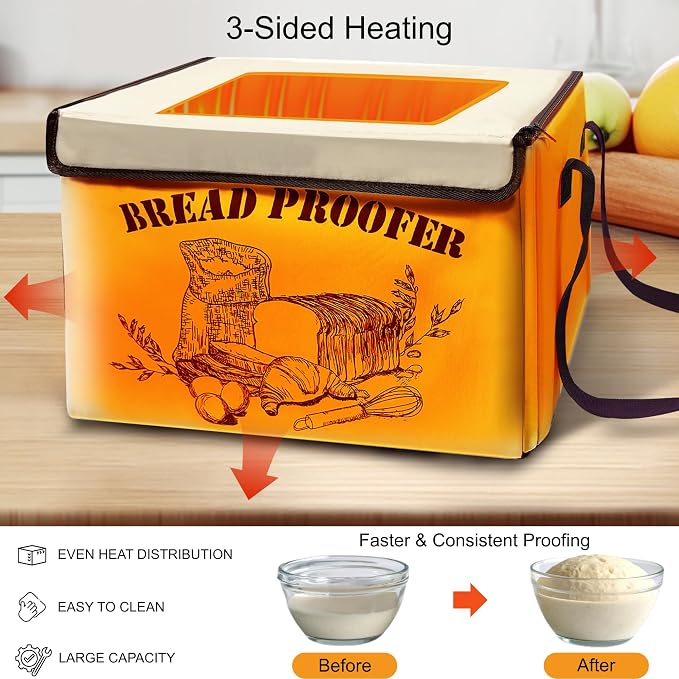 Foldable Bread Proofing Box, Versatile Dough Proofer, Upgraded Warming Basket with 50–113℉ Abjustable Temperature & Timer, Linen Bread Bag, Ideal for Sourdough, Pizza, Yogurt
