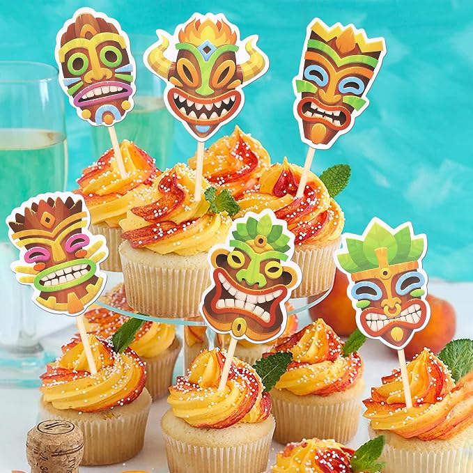36 PCS Hawaii Tiki Cupcake Toppers Tiki Totem Hawaiian Themed Party Cupcake Picks Hawaiian Luau Cupcake Decorations for Summer Tropical Hawaii Aloha Birthday Party Cake Decorations Supplies