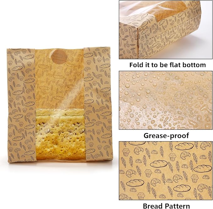 Hacaroa 100 Pack Paper Bread Bags with Clear Window, 10.8"x10"x4" Kraft Bakery Bag with 100 Stickers, Brown Toast Packaging Bags for Sourdough Bread, Cookie