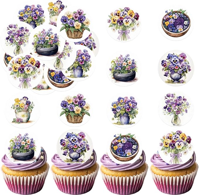 36PCS Edible Pansies Bouquet Cupcake Toppers Wafer Paper Floral Baby Shower Cake Decorations Edible Spring Flower Cupcake Toppers for Floral Theme Birthday Party Decoration
