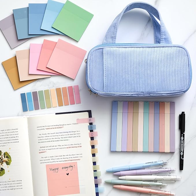 Jutom 39 Pcs Aesthetic Book Annotation Kit Highlighter with Case Bag Gel Pen Transparent Sticky Note Taking Bible Supplies(Light Blue,Classic Style)