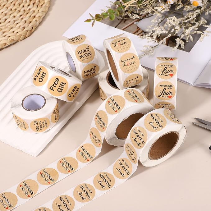 PATIKIL 500 Pcs A06 Hand Made Stickers,1 Inch Thank You Stickers Kraft Paper Labels Customer Appreciation Adhesive Sticker Roll Cute for Small Business Packaging Envelope