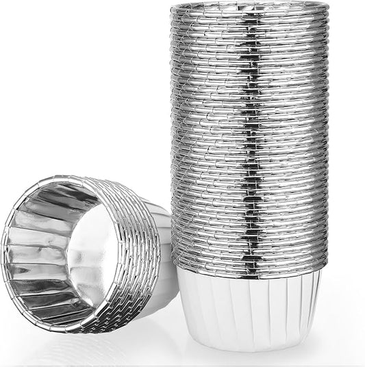 EUSOAR Silver Cupcake Liners, 50pcs 3.5oz Cupcake Holders Disposable Dessert Containers, Mini Cheesecakes Baking Cups Aluminum Foil Wrappers Muffin Ramekins for Birthday Wedding Bridal Party