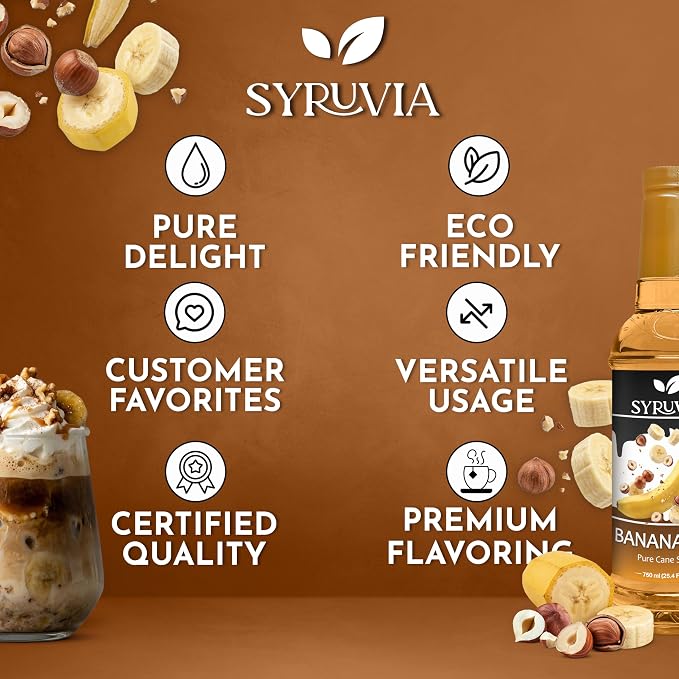 Syruvia Banana Nut Syrup, Flavored Syrup for Coffee, Fruit Drinks, Lemonades, and Desserts – 25.4 fl oz - with Pump