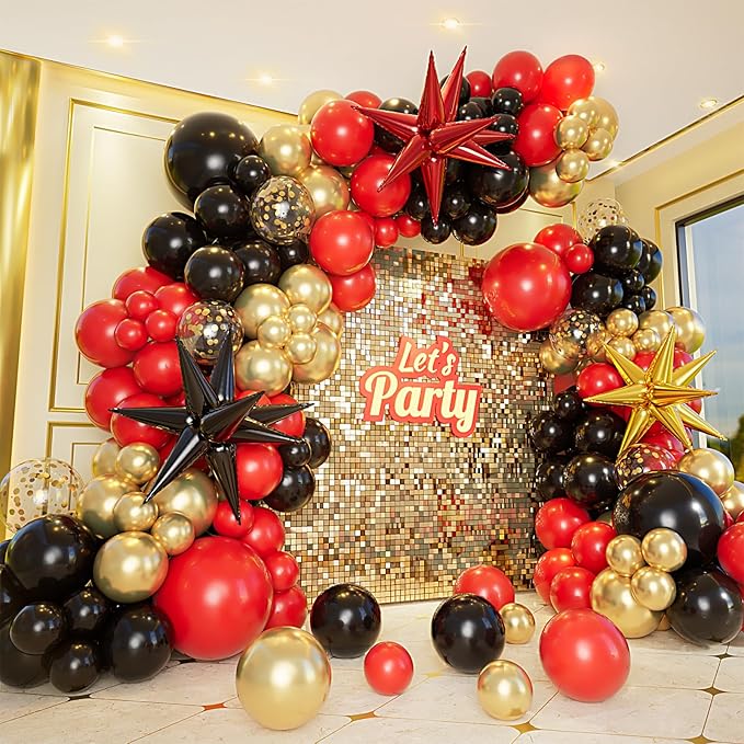 Bonropin 161pcs Red Black and Gold Balloons Garland Arch Kit with 5/10/12/18in Red Black Gold Balloons Explosion Star Balloons for 2025 Graduation Anniversary Casino Wedding Birthday Party Decorations