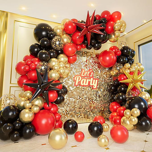 Bonropin 161pcs Red Black and Gold Balloons Garland Arch Kit with 5/10/12/18in Red Black Gold Balloons Explosion Star Balloons for 2025 Graduation Anniversary Casino Wedding Birthday Party Decorations