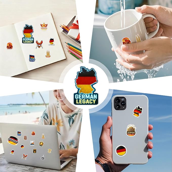 100 PCS Germany Stickers Pack, German Travel Vinyl Waterproof Decals of Berlin Munich Frankfurt Bavaria Landmarks, Beer Pretzel Culture Deutschland for Laptop Water Bottle Scrapbook Car Teens