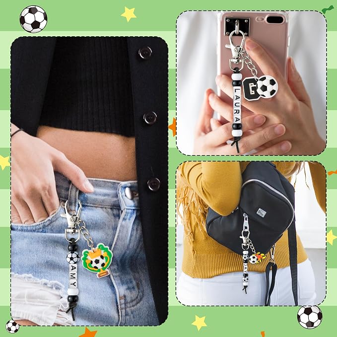 Y1tvei Soccer DIY Keychains Set - Football Beads Charms Making Kit, Create Your Own Bead Keychains with Acrylic and Cards DIY Crafts Bracelet Accessory Gift for Kids Soccer Lover Zipper Bag Hanger Key