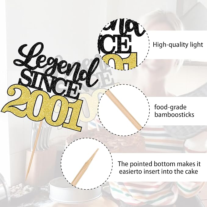 1 PCS Legend Since 2001 Cake Topper Black Gold Glitter Twenty Five Happy 25th Birthday Cake Pick Hello 25 Cheers to 25 Years Cake Decoration for 25th Birthday Anniversary Party Decorations Supplies