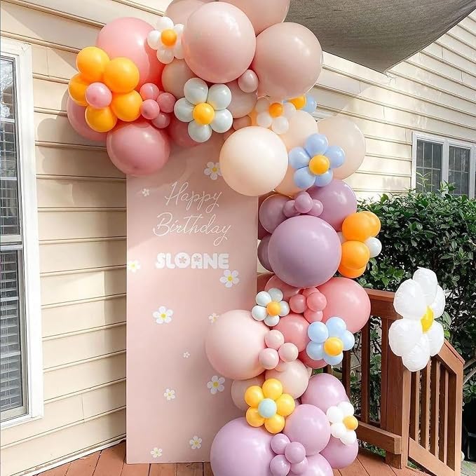 Pastel Balloon Arch Kit, Daisy Balloon Arch Garland with Macaron Pink Blue Purple Yellow Orange Rainbow Latex Balloons Daisy Flower Foil Balloons for Girls Women Birthday Pastel Party Decorations