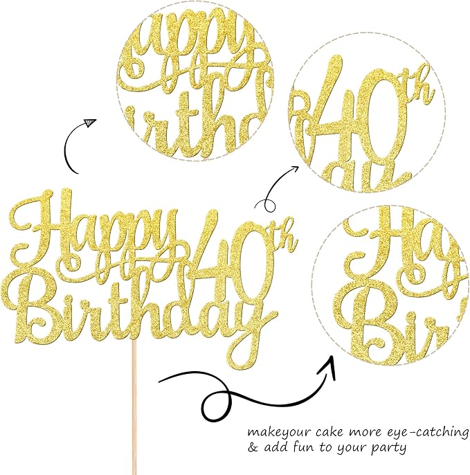 1 PCS Happy 40th Birthday Cake Topper Gold Glitter Cheers to 40 Years Birthday Cake Pick 40 Fabulous Cake Decoration for Happy 40th Birthday Anniversary Party Decorations Supplies