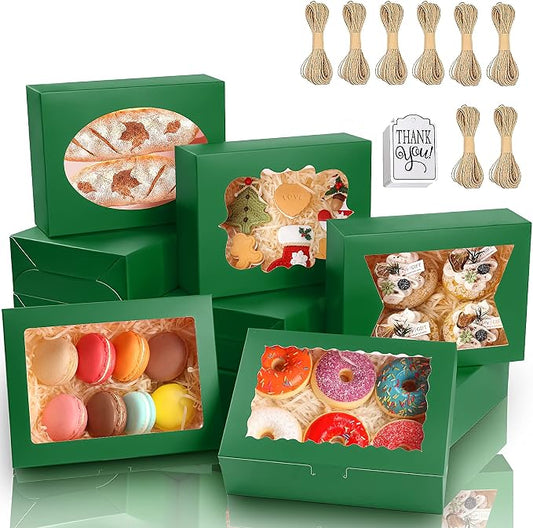 KPOSIYA 65 PCS 8x6x2.5 Inch Cookie Boxes with Window Green Bakery Boxes Pastry Boxes for Gift Giving, Treat, Dessert, Cupcakes, Chocolate, Strawberries, Donuts, Muffins (5 Style Windows)