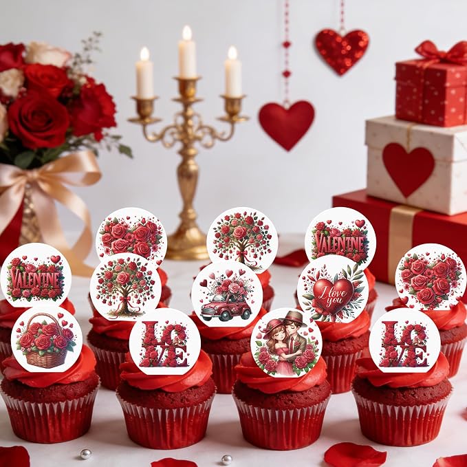 36PCS Edible Valentine’s Day Cupcake Toppers Wafer Paper Sweet Love Be Mine Kiss Me Cupcake Picks Valentine’s Cake Decor for Valentine's Day Theme Wedding Party Supplies