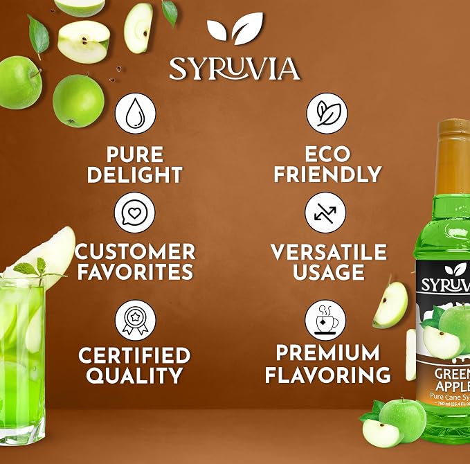 Syruvia Green Apple Syrup, Flavored Syrup for Cocktails, Fruit Drinks, Lemonades, and Desserts – 25.4 fl oz - with Pump