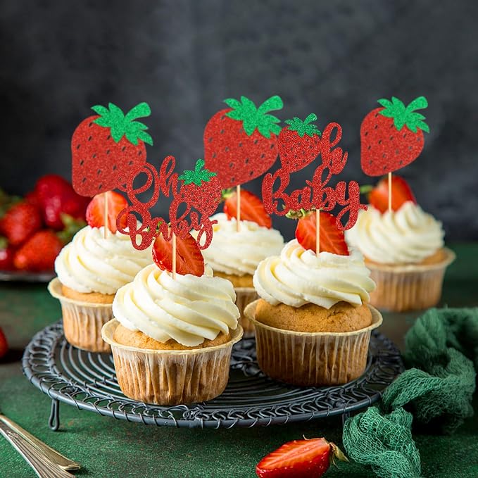 24 Pack Strawberry Oh Baby Cupcake Toppers Glitter Red Strawberries Cupcake Picks for Strawberry Baby Gender Reveal Kids Boys Girls Birthday Party Cake Decoration Supplies