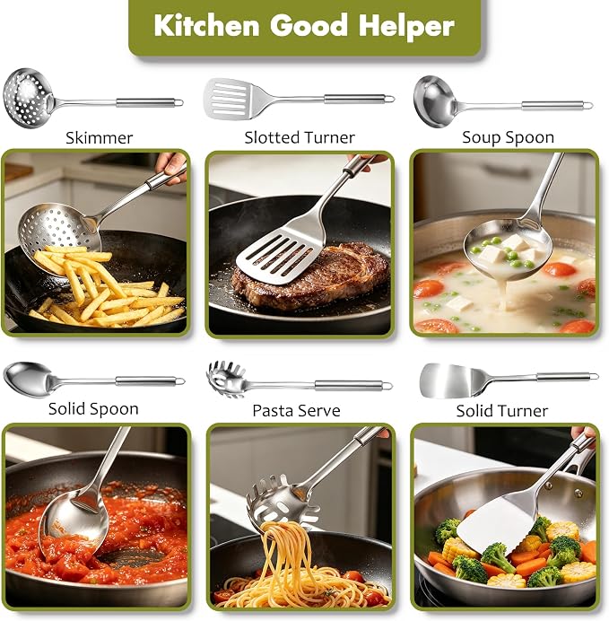 Stainless Steel Kitchen Utensils Set - 12pcs Cooking Utensils Set with Holder, Heat Resistant Kitchen Tool Set for Cooking with Turners, Potato Masher, Spatula, Spoons, Tongs, Whisk