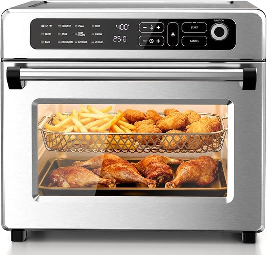 Kismile 25QT Air Fryer Toaster Oven, Countertop Convection Oven, 12 Preset Cooking Functions, Adjustable Temp 70-450°F, Toast, Bake, Broil, Reheat, Fits 12" Pizza, Full Accessory Set Included, Silver