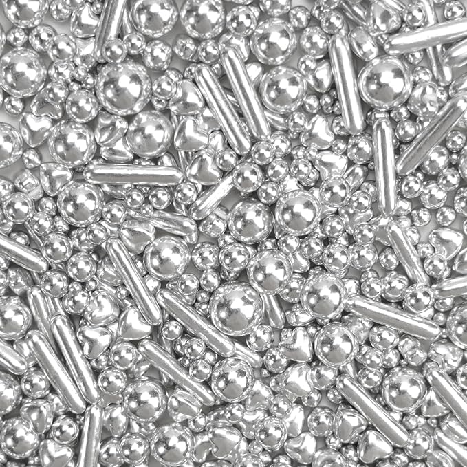 Edible Silver Heart Sprinkles, 130g/4.58oz, Silver Pearl Sprinkles For Cake Decorating, Edible Silver Cake Decorations, Birthday Party Supplies