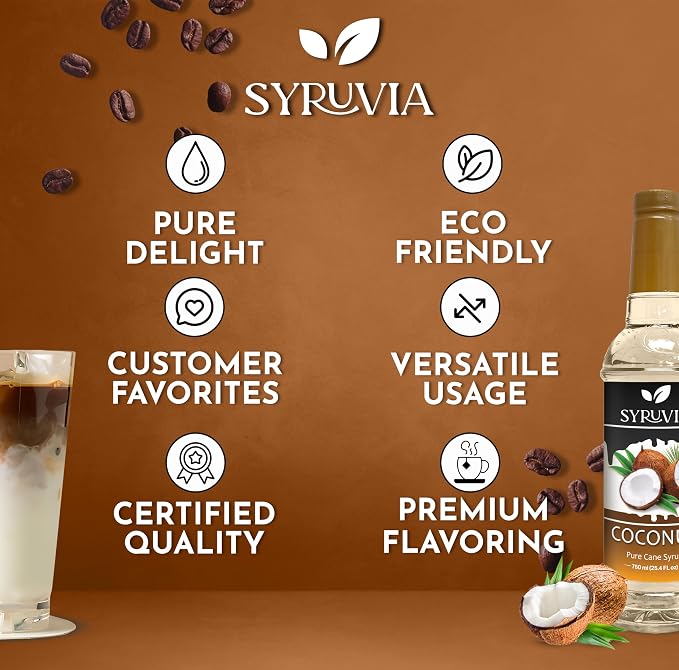 Syruvia Coconut Syrup, Flavored Syrup for Coffee, Cocktails, Drinks, and Desserts – 25.4 fl oz - with Pump