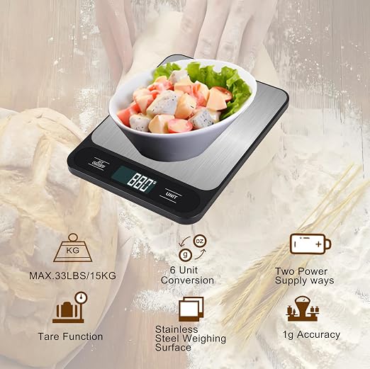 33lb/15kg USB Rechargeable Digital Kitchen Scale, Food Scale, LCD Display, High Capacity Weight Grams and Ounces for Baking Cooking and Meal Prep, 6 Units with Tare Function