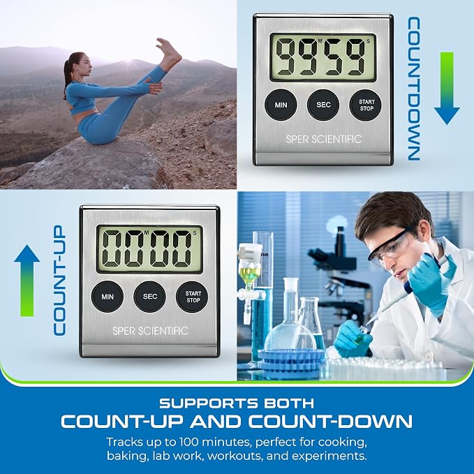 Sper Scientific Stainless Steel Digital Lab + Kitchen Timer 810028A – Compact Design Timer with Large Display & Loud Alarm - for Cooking, Baking, Labs, Workouts & More