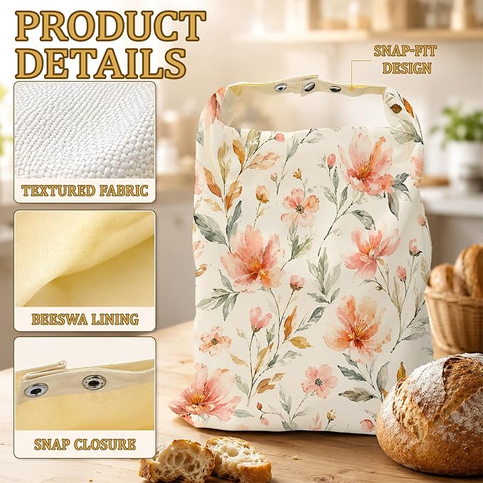 2 Pack Beeswax Linen Peach Blossom Bread Bags, Watercolor Floral Reusable Fresh Keeping Bags for Sourdough & Baguette, Freezable Portable Bread Storage Container 17×13''
