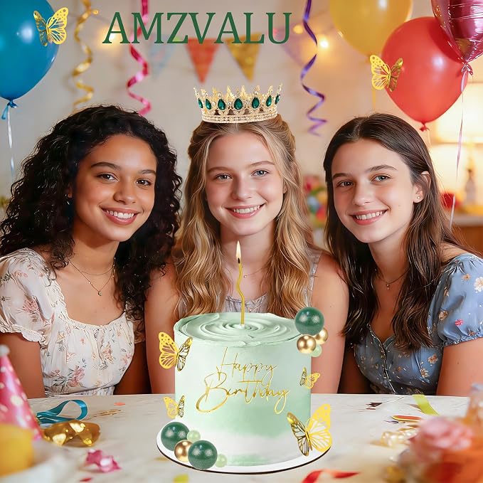 Crown Cake Topper, Green & Gold Crown Balls Happy Birthday Cake Toppers Candles Butterfly, Corona Para Pastel, Crown Cake Decoration for Women Queen Princess Party Wedding (Gold, Green)