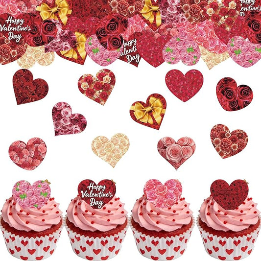 56PCS Edible Floral Heart Cupcake Toppers Wafer Paper Roses Heart Cupcake Picks Happy Valentine’s Day Cake Decor for Valentine's Day Theme Engagement Party Supplies
