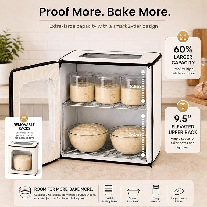 CasaChic 2-Story Bread Proofing Box – Large Capacity Dough Proofer for Sourdough, 70-158°F Temperature Control with 48H Timer - Foldable Bread Warmer with 2 Racks and Humidity Control