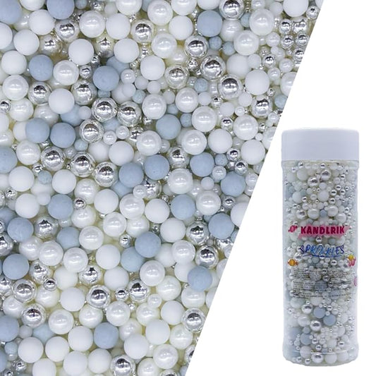 Edible Silver & White & Light Grey Sugar Pearls Sprinkles Candy Mix Size Pearls Cake Decorations Cupcake Toppers Decorating Perfect for Wedding Party Valentine Supplies 4.58OZ