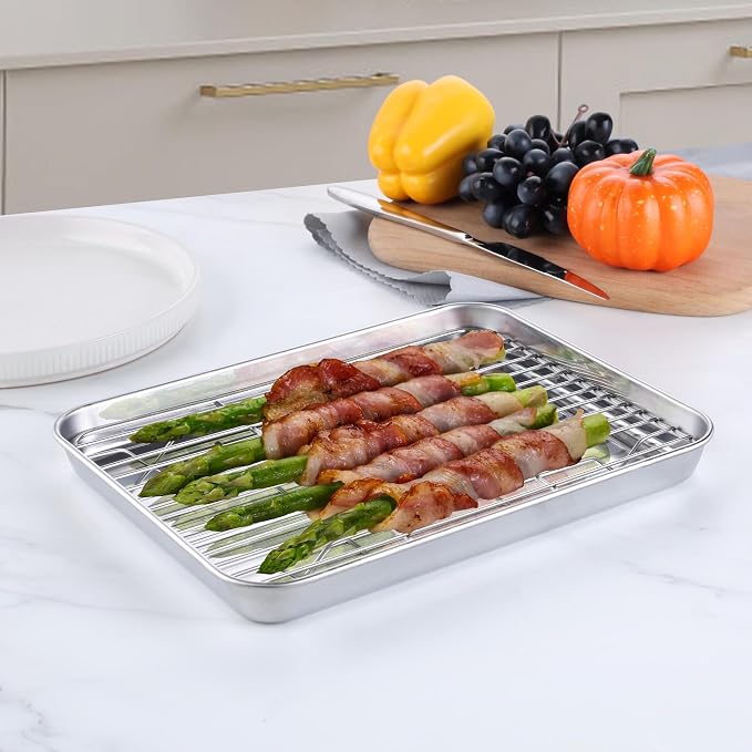 Homikit Baking Sheet with Wire Rack (1 Pan + 1 Rack), 10.4 x 8 Inches Stainless Steel Small Baking Pan with Cooling Rack, Metal Cookie Sheets Bacon Tray for Toaster Oven, Rust Free & Dishwasher Safe