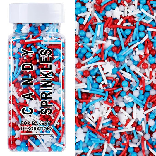 Red White and Blue Sprinkles, Patriotic Jimmies Nonpareils White Star Sprinkle Mix, 4.6oz Edible 4th of July Sprinkles for Baking, Ice Cream, Cookies, Cupcake Toppings