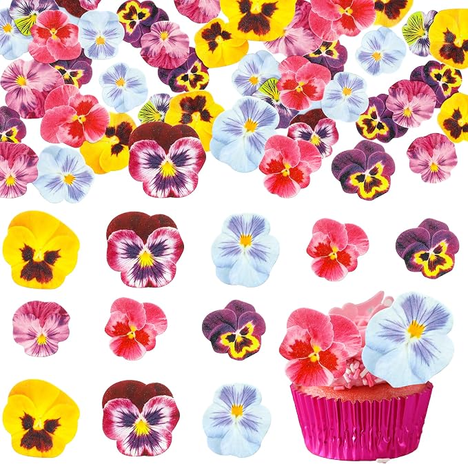 Ephlyn 64Pcs Edible Flower Cupcake Toppers Wafer Paper Flat Cake Toppers Spring Bridal Engagement Baby Shower Birthday Party Cupcake Picks Anniversary Party Supplies