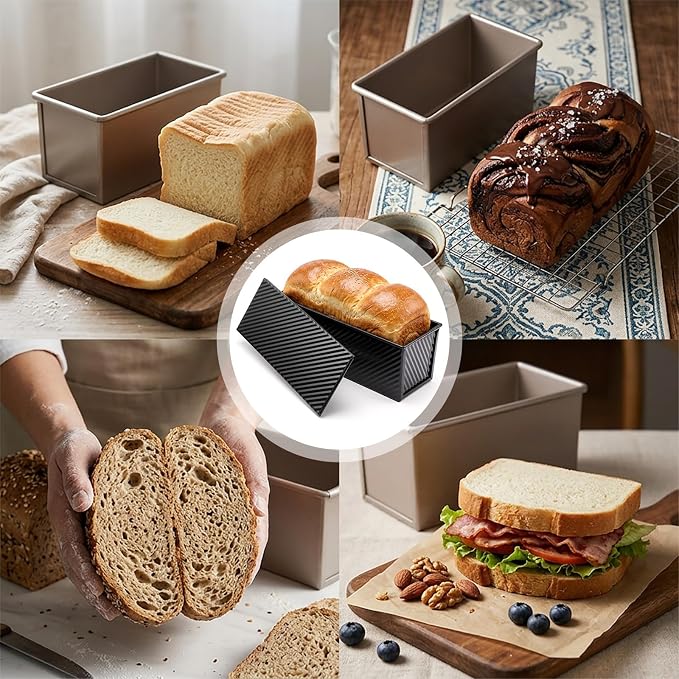 Pullman Loaf Pan with Lid, 13 × 4 Inch 2.2 LB Non-Stick Carbon Steel Bread Pans, Heavy Duty Corrugated Toast Pan for Homemade Sandwich and Sourdough Bread Baking Toasting