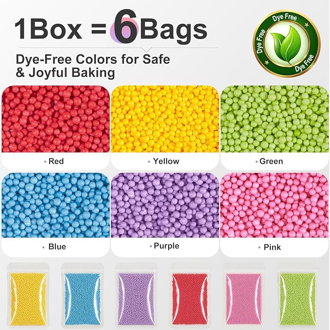 HUEBEATY 6-in-1 Dye Free Rainbow Nonpareils Sprinkles for Baking – 180g Natural Colored Nonpareils for Cake Decorating, Cookies, Cupcakes & Ice Cream – No Artificial Dye Red Yellow Green Blue Purple & Pink Assorted Sprinkles