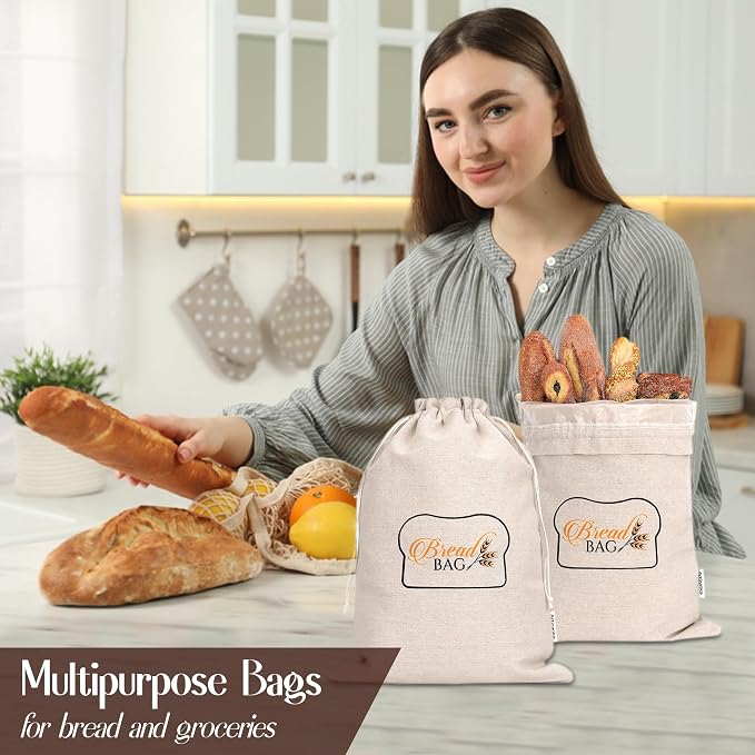 2 Linen Reusable Bread Bags for Homemade & Sourdough Breads with Plastic Liner and Drawstring, Reusable Food Storage 17" x 13" XL