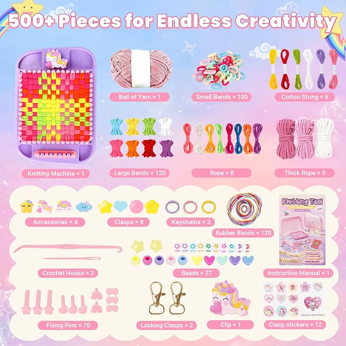 SUGORER 500+ PCS Weaving Loom Kit, 6-in-1 Weaving Loom for Kids & Friendship Bracelet Making Kit for Girls, Potholder Loom Knitting Kits Toys, Art and Crafts Kits for Kids Age 6-12