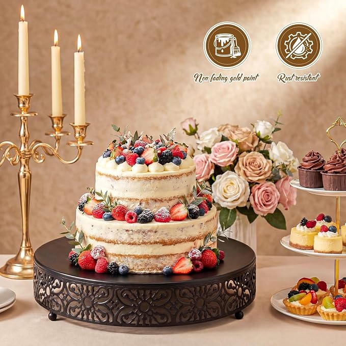 Wenqik 16 Inch Cake Stand Round Metal Cupcake Dessert Wedding Cake Stand Cookies Display Holder Fruit Food Serving Tray for Table Wedding Birthday Anniversary Party Decor (Black)