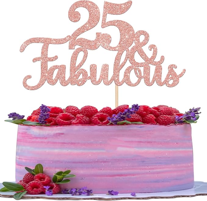 1 PCS 25 & Fabulous Cake Topper Glitter Twenty Five and Fabulous Cake Toppers Happy 25th Birthday Cake Pick for 25th Wedding Anniversary Birthday Party Cake Decorations Supplies Rose Gold