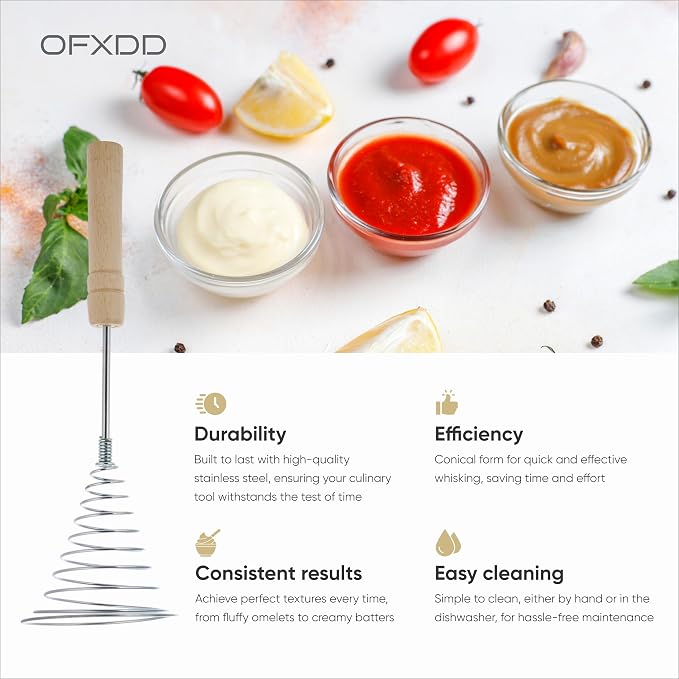 Stainless Steel Spring Coil Whisk 2 Pcs - Wire Whip Egg Whisk with Wooden Long Handle - Heavy Duty Whisks for Cooking