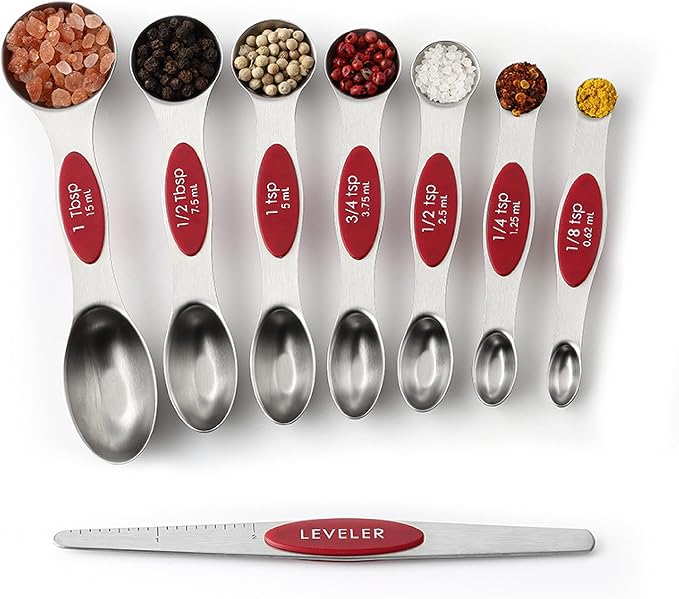 Spring Chef Red Stainless Steel Magnetic Measuring Spoons Set of 8 with Leveler, Metal Teaspoon & Tablespoon Measuring Spoons with Strong Magnets, Kitchen Gadgets for Baking & Cooking - Set of 2