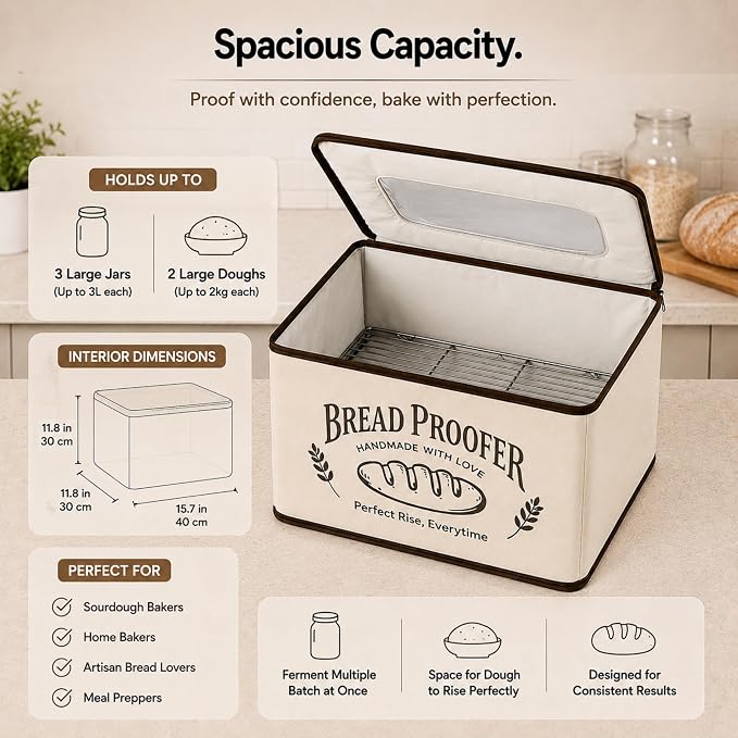 Bread Proofing Box - Folding Dough Proofer - Foldable Sourdough Warmer - 70-158°F Temp and 48H Timer Controller - Bread Making Kit with Dough Warming Box, Banneton Basket, Lame, Scraper, Metal Rack
