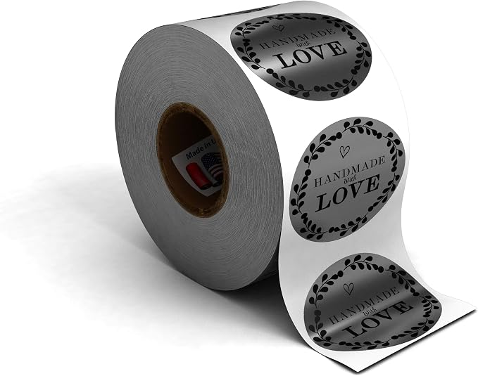 Kenco 1.5" Inch Handmade with Love Stickers, Made in The USA! for Envelopes, Boxes, Packaging and More - 500 Labels Per Roll (2 Pack 1,000 Stickers, Silver FOIL)