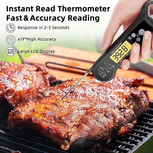 Instant Read Meat Thermometer for Grill and BBQ, Black | Fast Accuracy Digital, Backlight & Waterproof, For Cooking, Baking, Fish, Liquids, Lamb, Chicken
