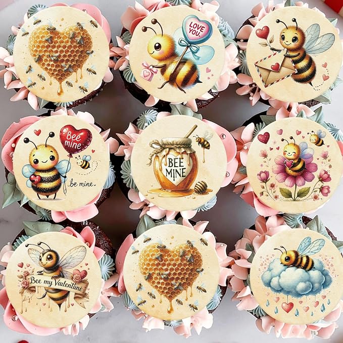 36PCS Edible Bee My Valentine Cupcake Toppers Wafer Paper Honey Bee Love You Cupcake Picks Bee Mine Cake Decor for Valentine's Day Theme Engagement Party Decor Supplies