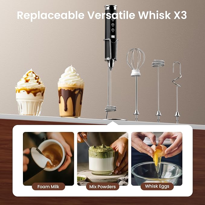 YUSWKO Milk Frother Wand for Coffee with Stand, Coffee Frother Handheld | Rechargeable Drink Mixer Wand, Waterproof Electric Whisk for Protein Powder, Lattes, 3 Variable Speeds 3 Whisks, Black