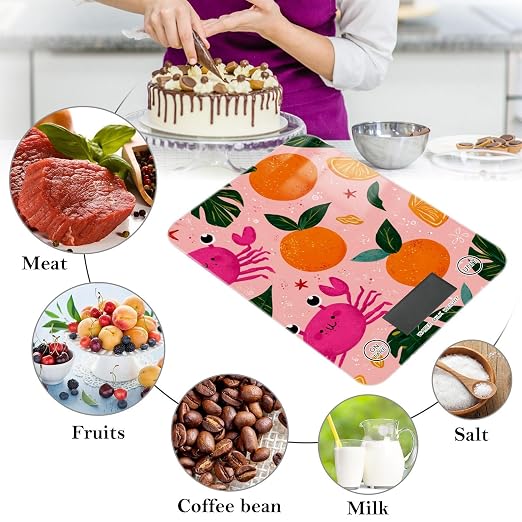 Food Scale Kitchen Digital Scale Food Ounces and Grams Dieting Baking Cooking Waterproof Glass Panels LCD Display,4 Units Scale Tare Function Pink Fruit Orange Crabs